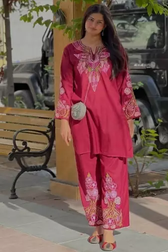 Floral embroidered pure cotton round neck co-ord set