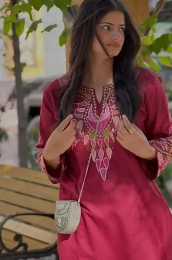Floral embroidered pure cotton round neck co-ord set
