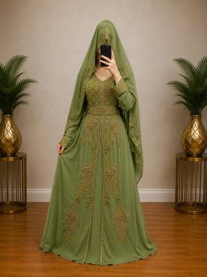 Olive Green Gold Embroidered Kaftan Dress 1