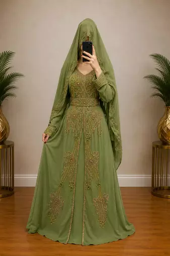 Olive Green Gold Embroidered Kaftan Dress