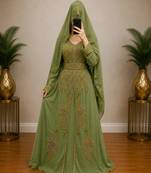 Olive Green Gold Embroidered Kaftan Dress
