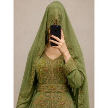 Olive Green Gold Embroidered Kaftan Dress 2