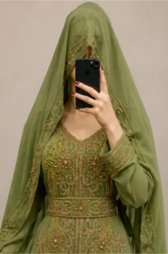 Olive Green Gold Embroidered Kaftan Dress