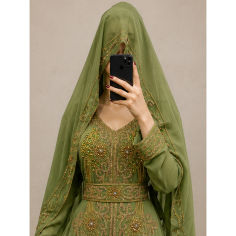 Olive Green Gold Embroidered Kaftan Dress