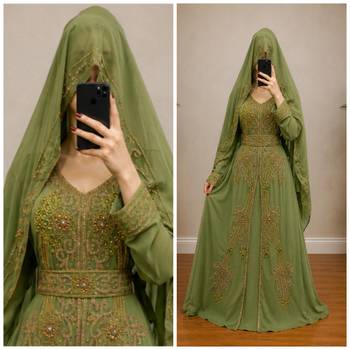 Olive Green Gold Embroidered Kaftan Dress 3