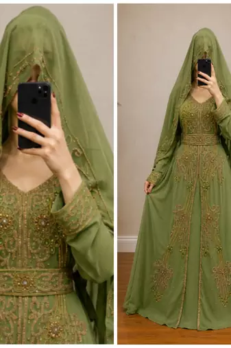 Olive Green Gold Embroidered Kaftan Dress
