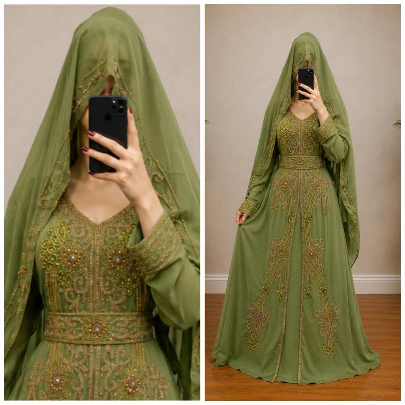 Olive Green Gold Embroidered Kaftan Dress