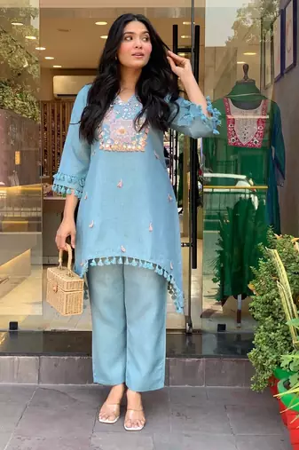 Floral embroidered pure cotton v neck co-ord set