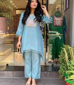 Floral embroidered pure cotton v neck co-ord set