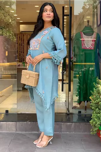 Floral embroidered pure cotton v neck co-ord set