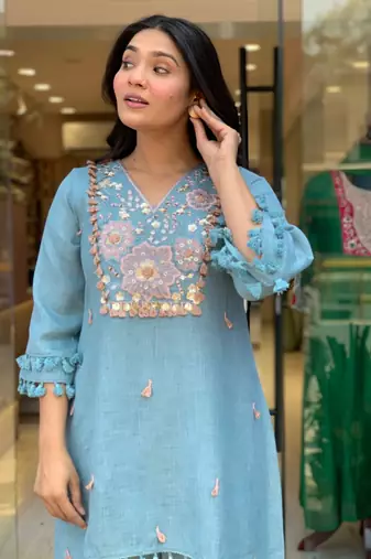 Floral embroidered pure cotton v neck co-ord set