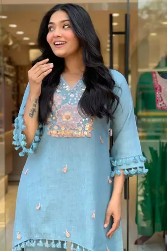 Floral embroidered pure cotton v neck co-ord set