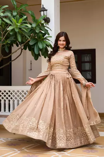 Cream Embroidery And sequin Work Silk Blend Lehenga Choli Set