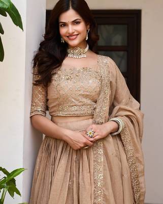 Cream Embroidery And sequin Work Silk Blend Lehenga Choli Set 2