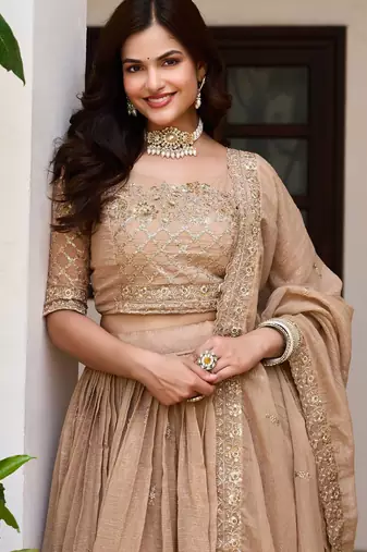 Cream Embroidery And sequin Work Silk Blend Lehenga Choli Set