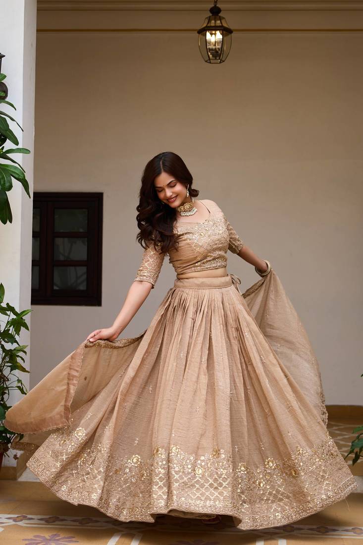 Cream Embroidery And sequin Work Silk Blend Lehenga Choli Set