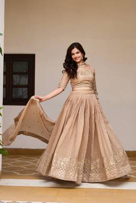 Cream Embroidery And sequin Work Silk Blend Lehenga Choli Set 4