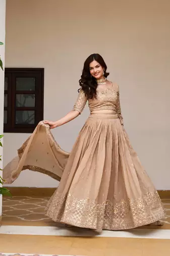 Cream Embroidery And sequin Work Silk Blend Lehenga Choli Set