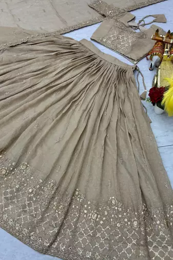 Cream Embroidery And sequin Work Silk Blend Lehenga Choli Set
