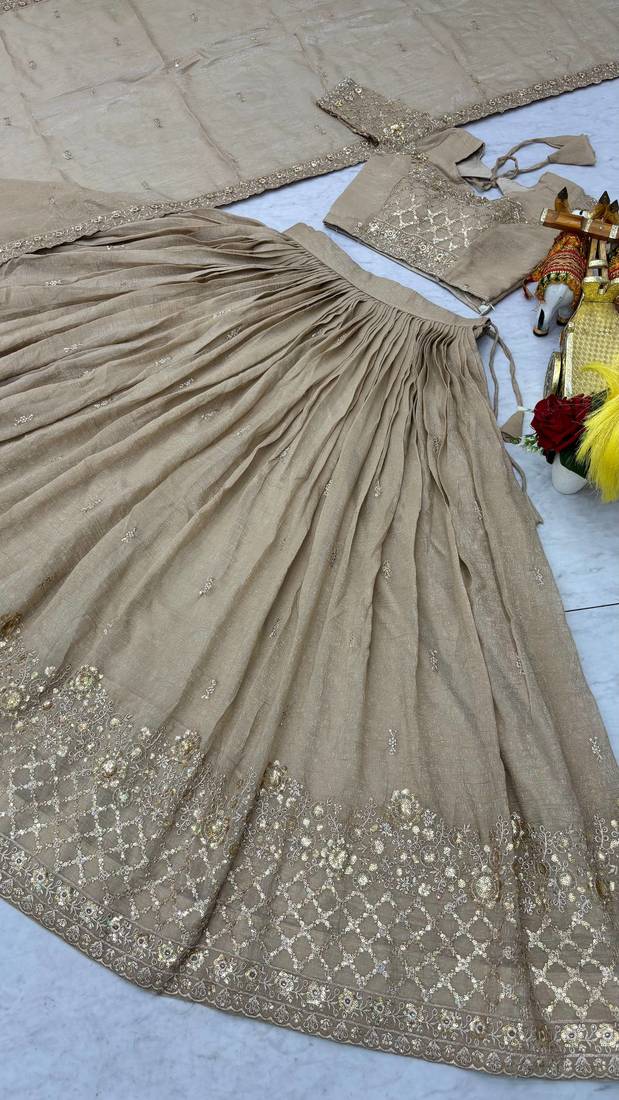Cream Embroidery And sequin Work Silk Blend Lehenga Choli Set