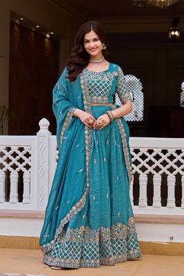 Blue Embroidery And sequin Work Silk Blend Lehenga Choli Set 1