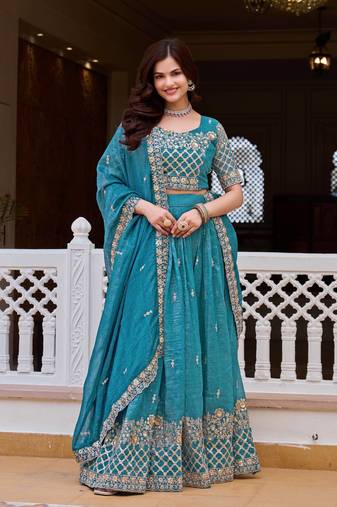 Blue Embroidery And sequin Work Silk Blend Lehenga Choli Set