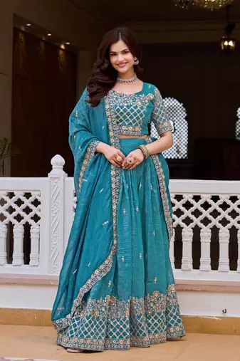Blue Embroidery And sequin Work Silk Blend Lehenga Choli Set