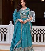 Blue Embroidery And sequin Work Silk Blend Lehenga Choli Set