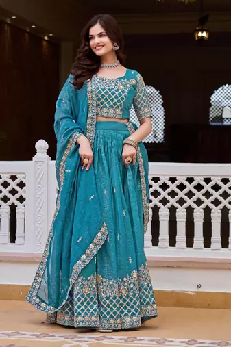 Blue Embroidery And sequin Work Silk Blend Lehenga Choli Set