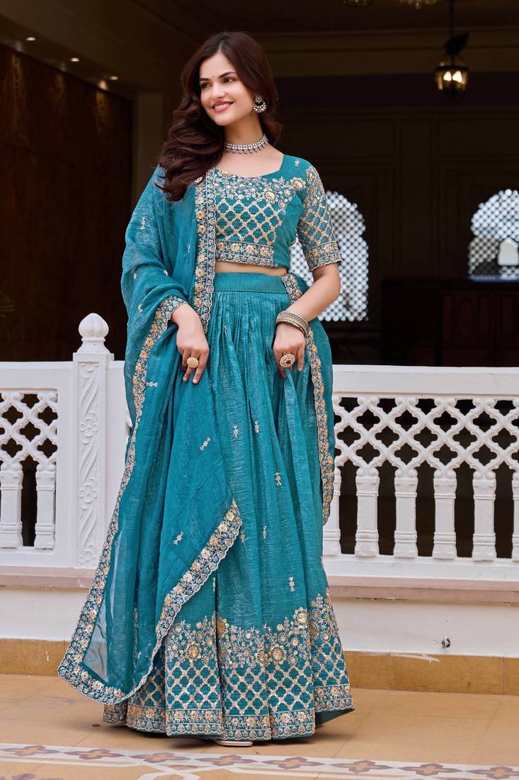 Blue Embroidery And sequin Work Silk Blend Lehenga Choli Set