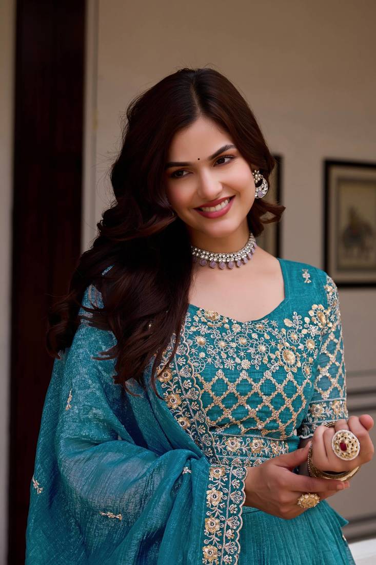 Blue Embroidery And sequin Work Silk Blend Lehenga Choli Set