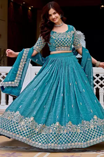 Blue Embroidery And sequin Work Silk Blend Lehenga Choli Set