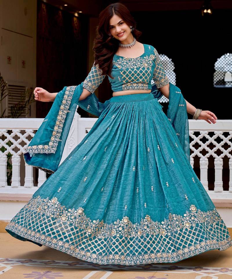 Blue Embroidery And sequin Work Silk Blend Lehenga Choli Set