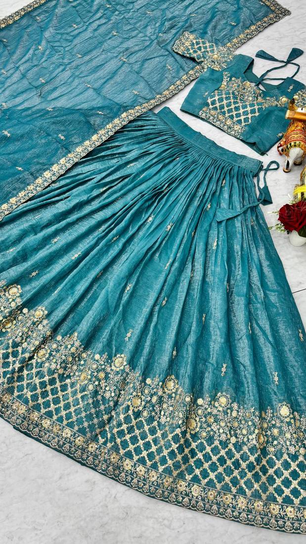 Blue Embroidery And sequin Work Silk Blend Lehenga Choli Set