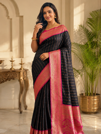 black color rich contrast weaving pallu and border kanchi weaving buttis on border silk blend saree