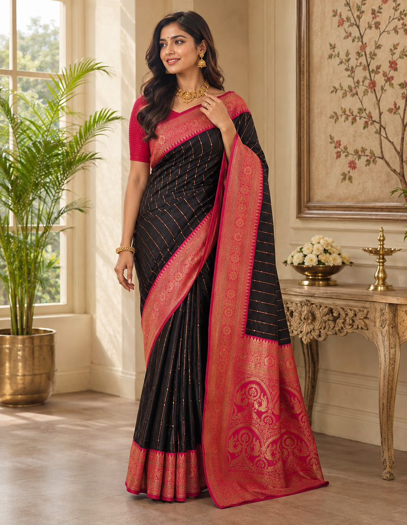 black color rich contrast weaving pallu and border kanchi weaving buttis on border silk blend saree