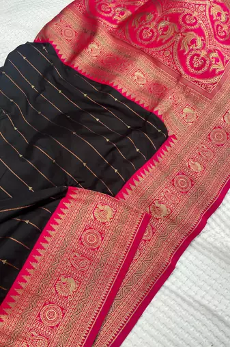 black color rich contrast weaving pallu and border kanchi weaving buttis on border silk blend saree