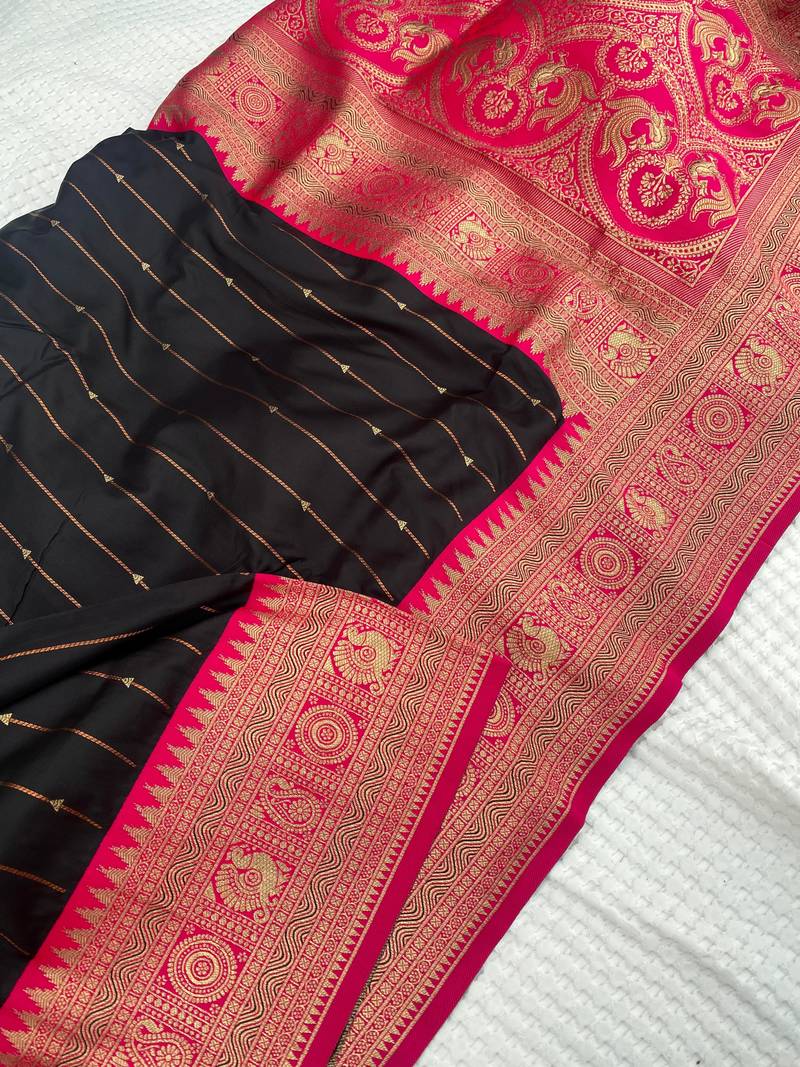 black color rich contrast weaving pallu and border kanchi weaving buttis on border silk blend saree