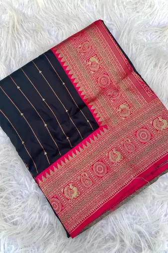 black color rich contrast weaving pallu and border kanchi weaving buttis on border silk blend saree