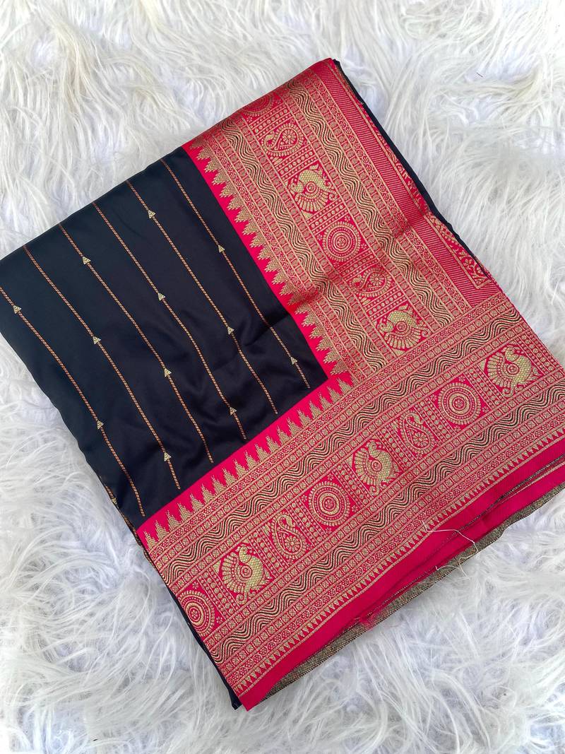 black color rich contrast weaving pallu and border kanchi weaving buttis on border silk blend saree