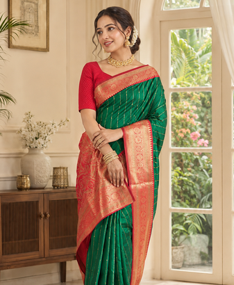 green color rich contrast weaving pallu and border kanchi weaving buttis on border silk blend saree
