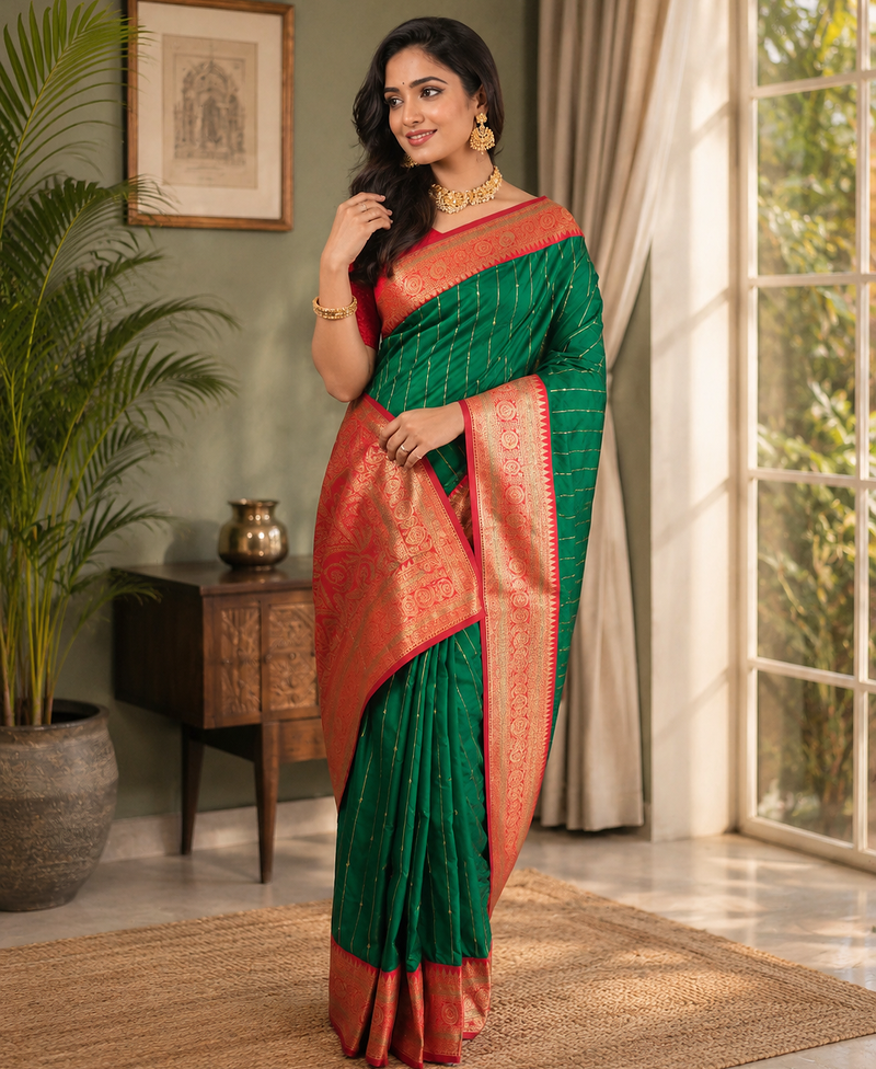 green color rich contrast weaving pallu and border kanchi weaving buttis on border silk blend saree
