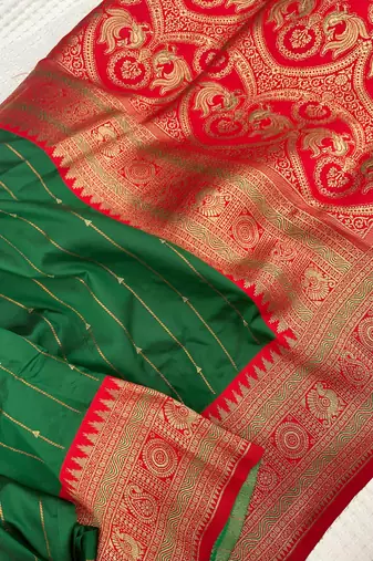 green color rich contrast weaving pallu and border kanchi weaving buttis on border silk blend saree