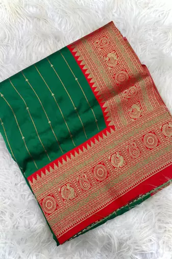 green color rich contrast weaving pallu and border kanchi weaving buttis on border silk blend saree
