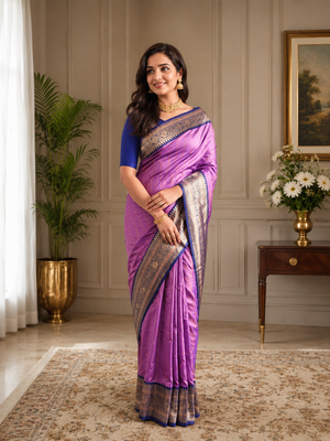 lavender color rich contrast weaving pallu and border kanchi weaving buttis on border silk blend saree 1