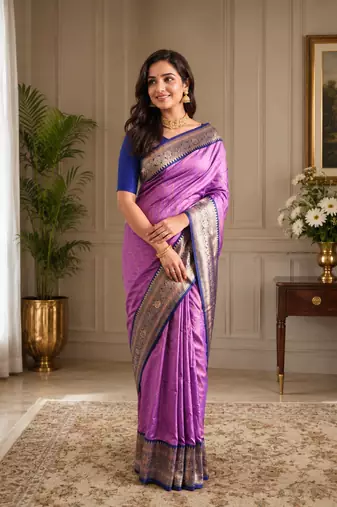 lavender color rich contrast weaving pallu and border kanchi weaving buttis on border silk blend saree