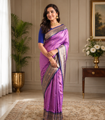 lavender color rich contrast weaving pallu and border kanchi weaving buttis on border silk blend saree