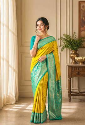 mustard yellow color rich contrast weaving pallu and border kanchi weaving buttis on border silk blend saree 1