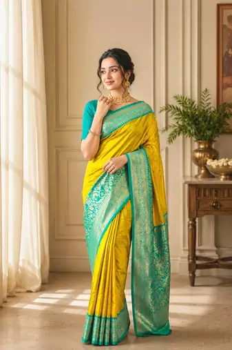 mustard yellow color rich contrast weaving pallu and border kanchi weaving buttis on border silk blend saree