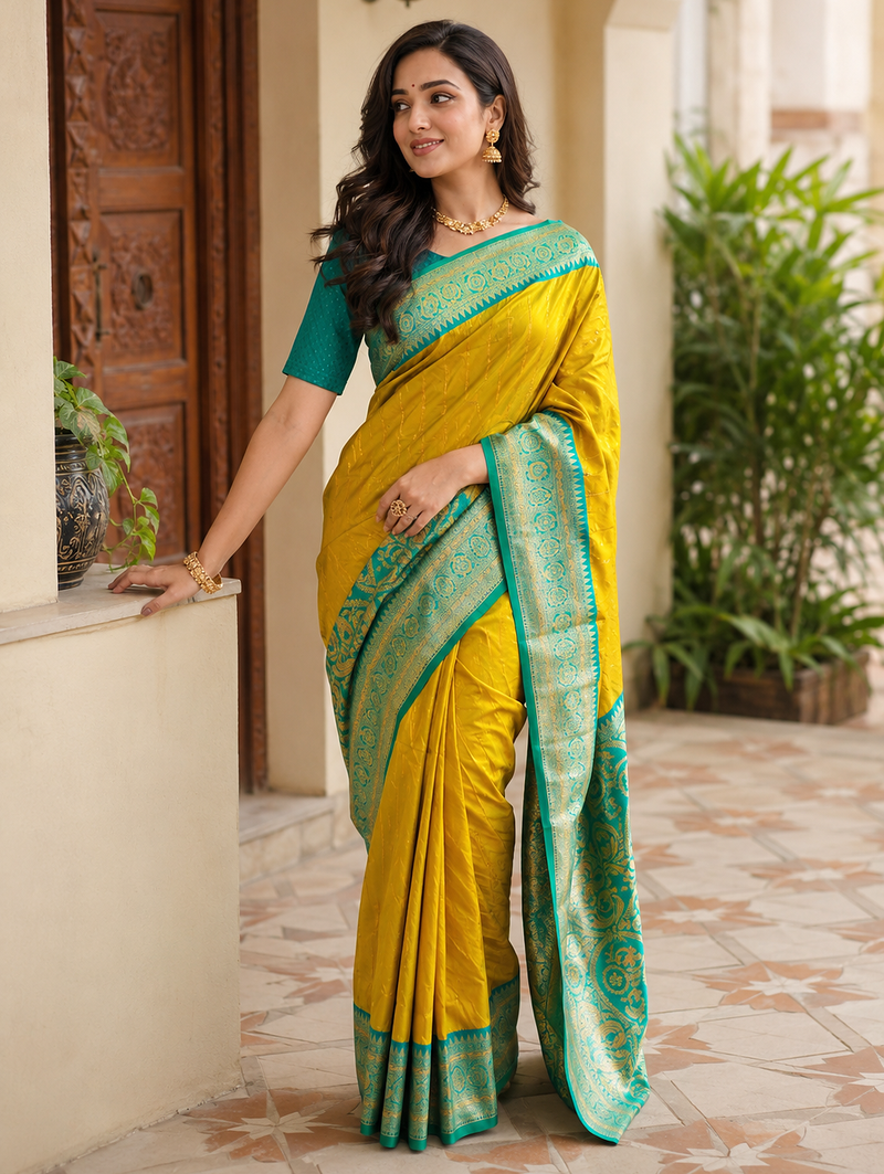 mustard yellow color rich contrast weaving pallu and border kanchi weaving buttis on border silk blend saree